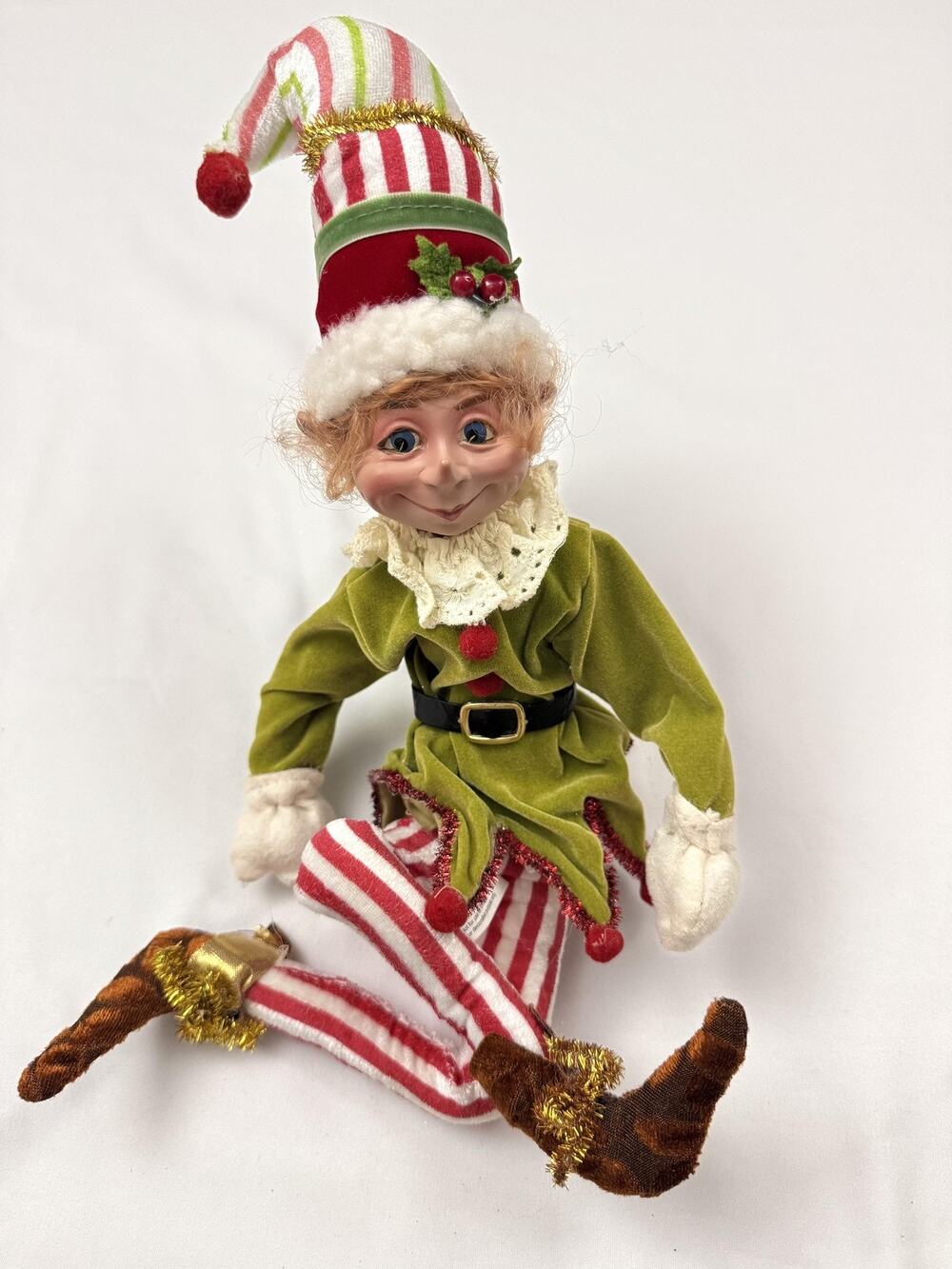 RAZ Imports Elf Shelf Sitter Doll 20" Christmas Decor Striped Outfit Posable